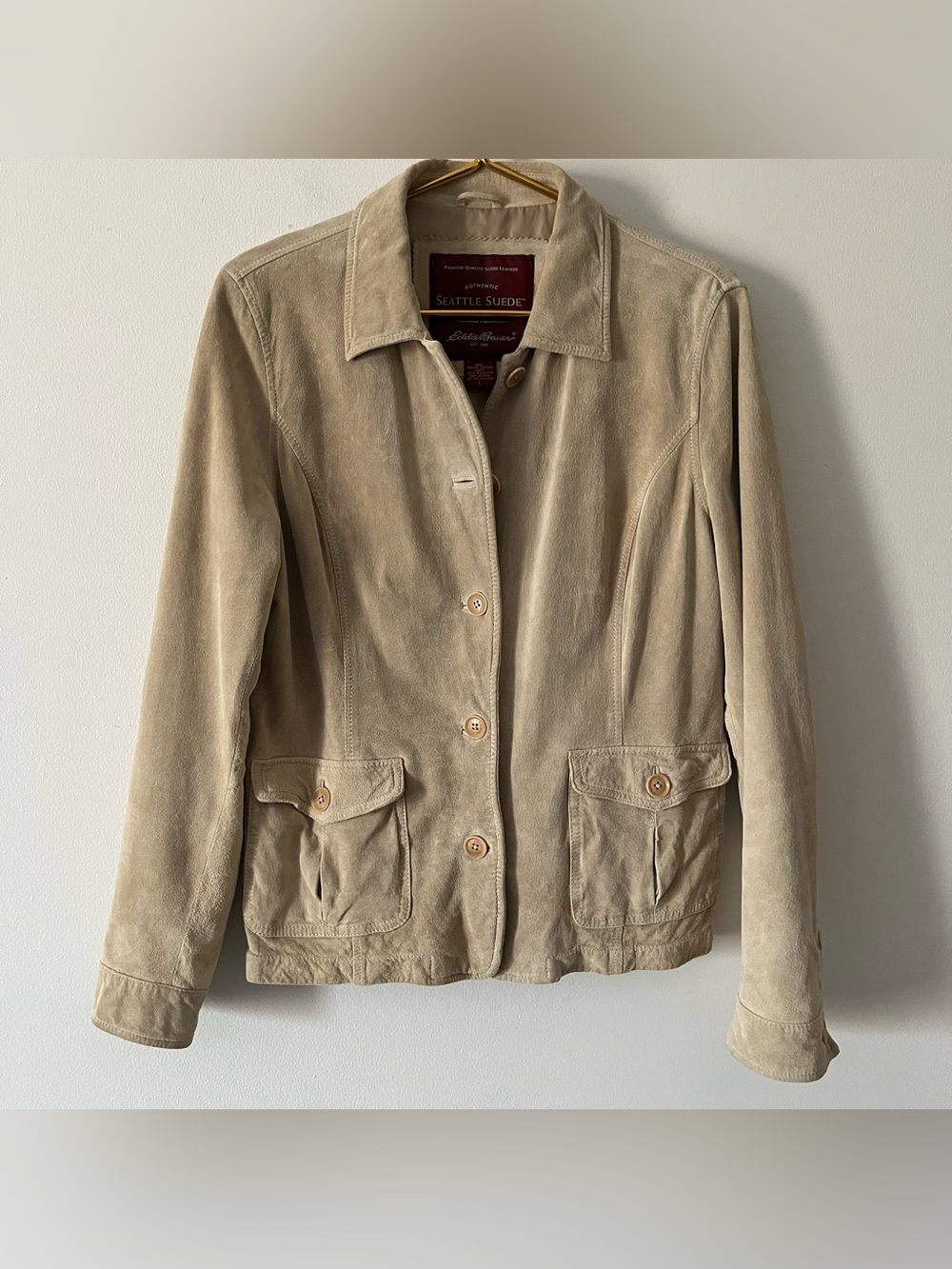 Vintage Eddie Bauer Tan Seattle Suede Button Up Fall Jacket Y2K Gilmore Girls L